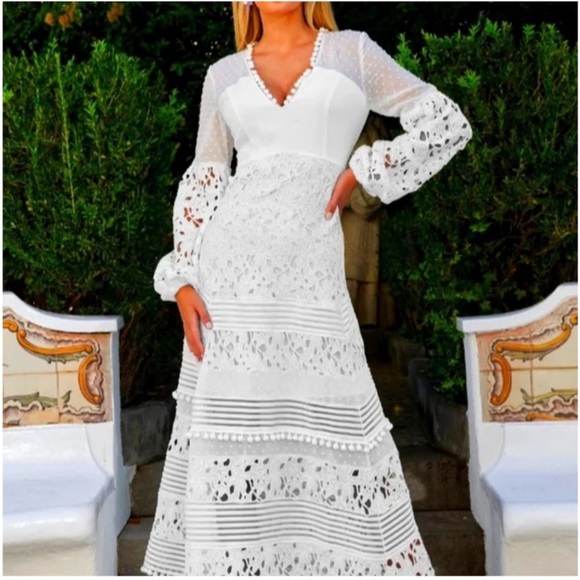 Boston Proper Dresses & Skirts - NWT Boston Proper Elegant White Lace Pom Pom Maxi Dress